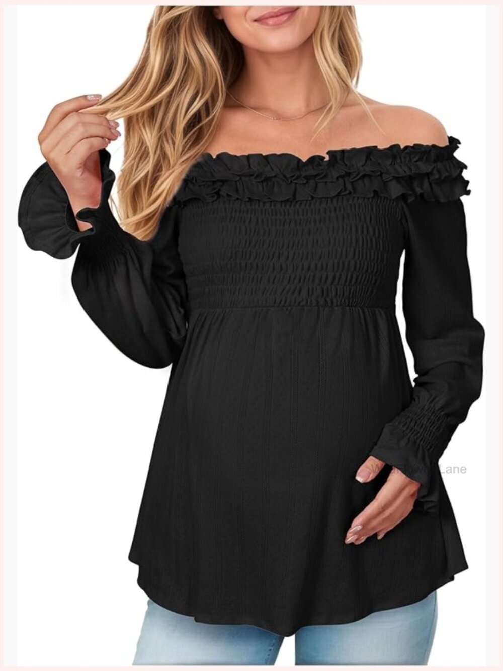 Cotton Blend Off Shoulder Maternity Smocked Ruffle Sleeve Blouse Going Out